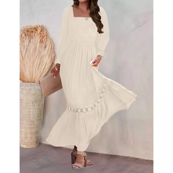 ZESICA Womens 2024 Boho Long Sleeve Square Neck Smocked High Waist Flowy A Line Lace Trim Maxi DressApricot