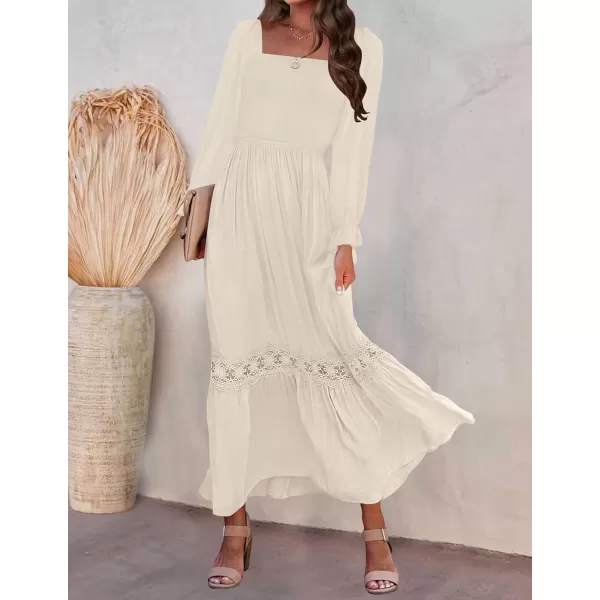 ZESICA Womens 2024 Boho Long Sleeve Square Neck Smocked High Waist Flowy A Line Lace Trim Maxi DressApricot