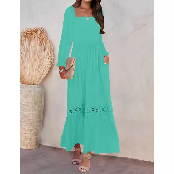 ZESICA Womens 2024 Boho Long Sleeve Square Neck Smocked High Waist Flowy A Line Lace Trim Maxi DressAqua
