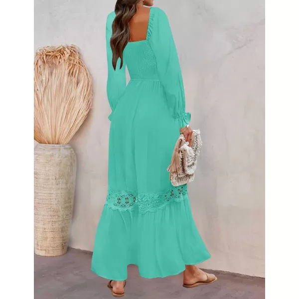 ZESICA Womens 2024 Boho Long Sleeve Square Neck Smocked High Waist Flowy A Line Lace Trim Maxi DressAqua
