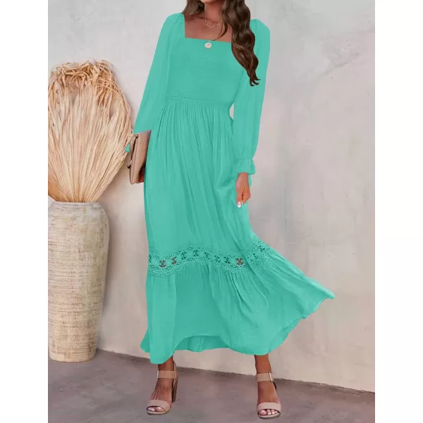 ZESICA Womens 2024 Boho Long Sleeve Square Neck Smocked High Waist Flowy A Line Lace Trim Maxi DressAqua