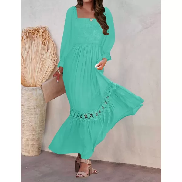ZESICA Womens 2024 Boho Long Sleeve Square Neck Smocked High Waist Flowy A Line Lace Trim Maxi DressAqua