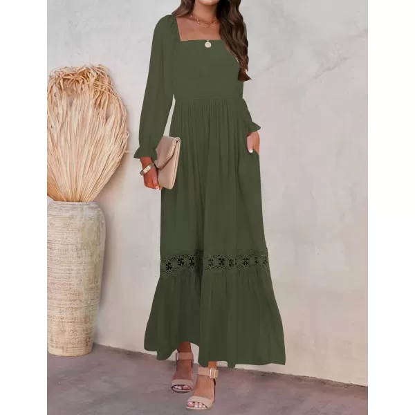 ZESICA Womens 2024 Boho Long Sleeve Square Neck Smocked High Waist Flowy A Line Lace Trim Maxi DressArmy Green
