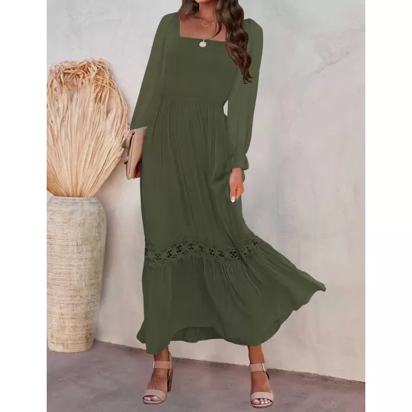 ZESICA Womens 2024 Boho Long Sleeve Square Neck Smocked High Waist Flowy A Line Lace Trim Maxi DressArmy Green