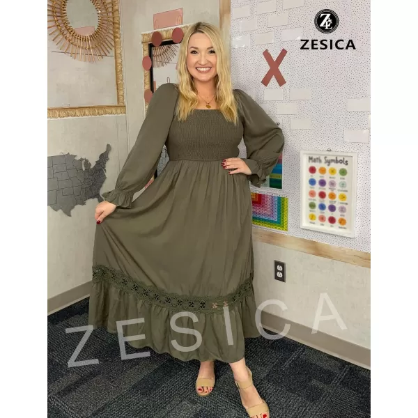 ZESICA Womens 2024 Boho Long Sleeve Square Neck Smocked High Waist Flowy A Line Lace Trim Maxi DressArmy Green