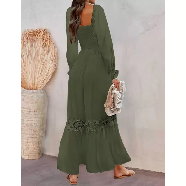 ZESICA Womens 2024 Boho Long Sleeve Square Neck Smocked High Waist Flowy A Line Lace Trim Maxi DressArmy Green