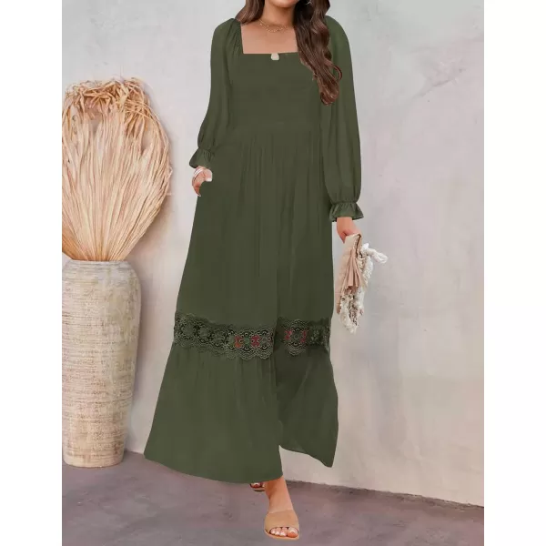 ZESICA Womens 2024 Boho Long Sleeve Square Neck Smocked High Waist Flowy A Line Lace Trim Maxi DressArmy Green