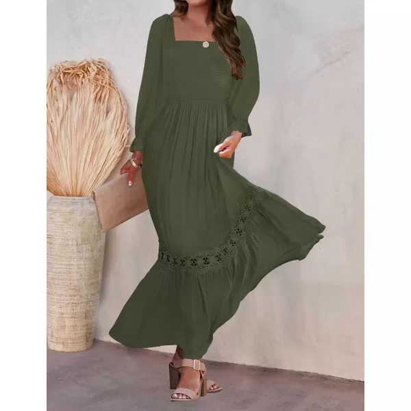 ZESICA Womens 2024 Boho Long Sleeve Square Neck Smocked High Waist Flowy A Line Lace Trim Maxi DressArmy Green