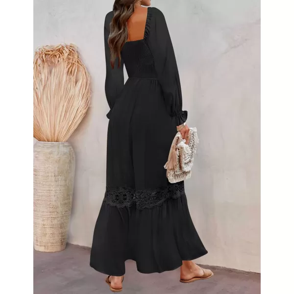 ZESICA Womens 2024 Boho Long Sleeve Square Neck Smocked High Waist Flowy A Line Lace Trim Maxi DressBlack