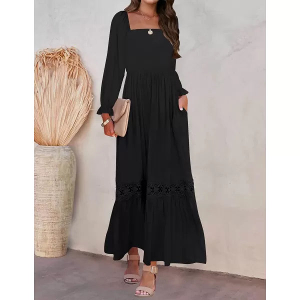 ZESICA Womens 2024 Boho Long Sleeve Square Neck Smocked High Waist Flowy A Line Lace Trim Maxi DressBlack