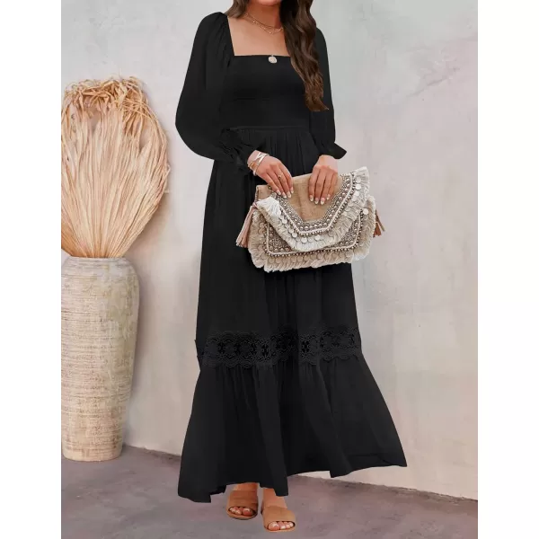 ZESICA Womens 2024 Boho Long Sleeve Square Neck Smocked High Waist Flowy A Line Lace Trim Maxi DressBlack