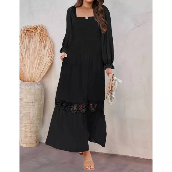 ZESICA Womens 2024 Boho Long Sleeve Square Neck Smocked High Waist Flowy A Line Lace Trim Maxi DressBlack