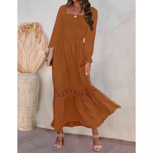 ZESICA Womens 2024 Boho Long Sleeve Square Neck Smocked High Waist Flowy A Line Lace Trim Maxi DressBrown