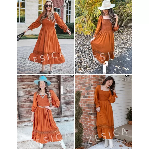 ZESICA Womens 2024 Boho Long Sleeve Square Neck Smocked High Waist Flowy A Line Lace Trim Maxi DressBrown