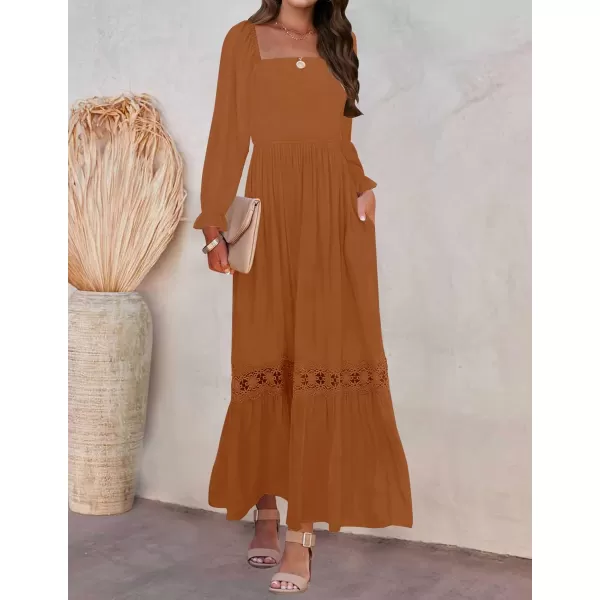 ZESICA Womens 2024 Boho Long Sleeve Square Neck Smocked High Waist Flowy A Line Lace Trim Maxi DressBrown