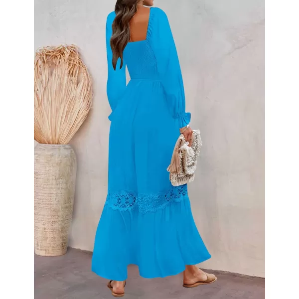 ZESICA Womens 2024 Boho Long Sleeve Square Neck Smocked High Waist Flowy A Line Lace Trim Maxi DressCobalt