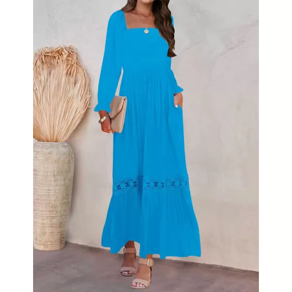 ZESICA Womens 2024 Boho Long Sleeve Square Neck Smocked High Waist Flowy A Line Lace Trim Maxi DressCobalt