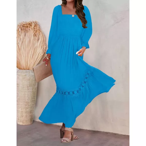 ZESICA Womens 2024 Boho Long Sleeve Square Neck Smocked High Waist Flowy A Line Lace Trim Maxi DressCobalt