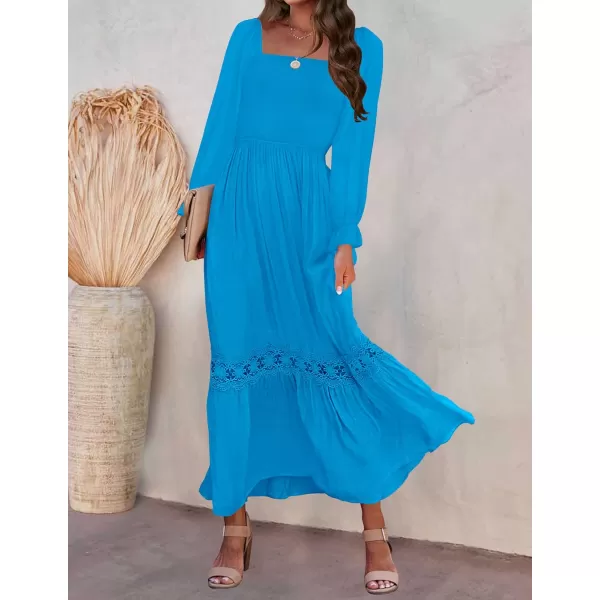 ZESICA Womens 2024 Boho Long Sleeve Square Neck Smocked High Waist Flowy A Line Lace Trim Maxi DressCobalt