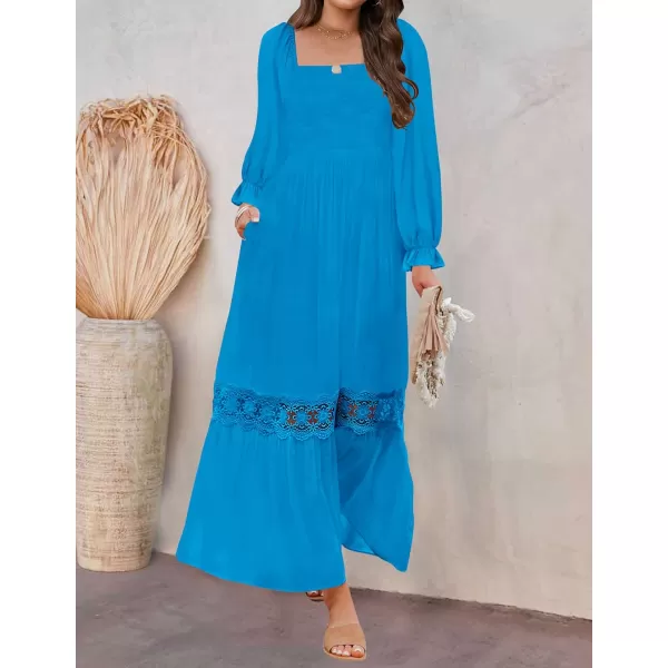ZESICA Womens 2024 Boho Long Sleeve Square Neck Smocked High Waist Flowy A Line Lace Trim Maxi DressCobalt