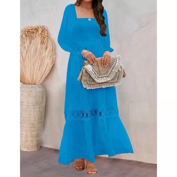 ZESICA Womens 2024 Boho Long Sleeve Square Neck Smocked High Waist Flowy A Line Lace Trim Maxi DressCobalt