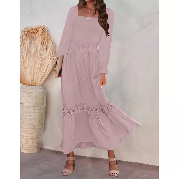 ZESICA Womens 2024 Boho Long Sleeve Square Neck Smocked High Waist Flowy A Line Lace Trim Maxi DressDark Pink