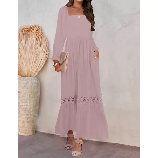 ZESICA Womens 2024 Boho Long Sleeve Square Neck Smocked High Waist Flowy A Line Lace Trim Maxi DressDark Pink