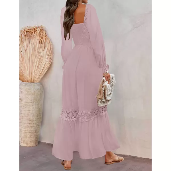 ZESICA Womens 2024 Boho Long Sleeve Square Neck Smocked High Waist Flowy A Line Lace Trim Maxi DressDark Pink
