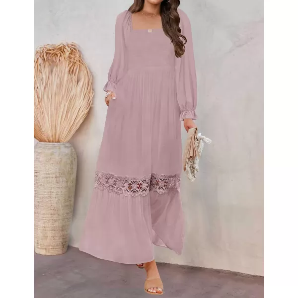 ZESICA Womens 2024 Boho Long Sleeve Square Neck Smocked High Waist Flowy A Line Lace Trim Maxi DressDark Pink