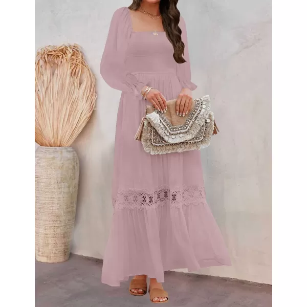 ZESICA Womens 2024 Boho Long Sleeve Square Neck Smocked High Waist Flowy A Line Lace Trim Maxi DressDark Pink