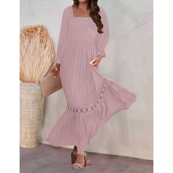 ZESICA Womens 2024 Boho Long Sleeve Square Neck Smocked High Waist Flowy A Line Lace Trim Maxi DressDark Pink