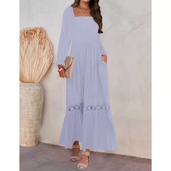 ZESICA Womens 2024 Boho Long Sleeve Square Neck Smocked High Waist Flowy A Line Lace Trim Maxi DressDusty Taro