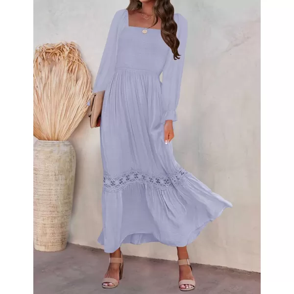 ZESICA Womens 2024 Boho Long Sleeve Square Neck Smocked High Waist Flowy A Line Lace Trim Maxi DressDusty Taro