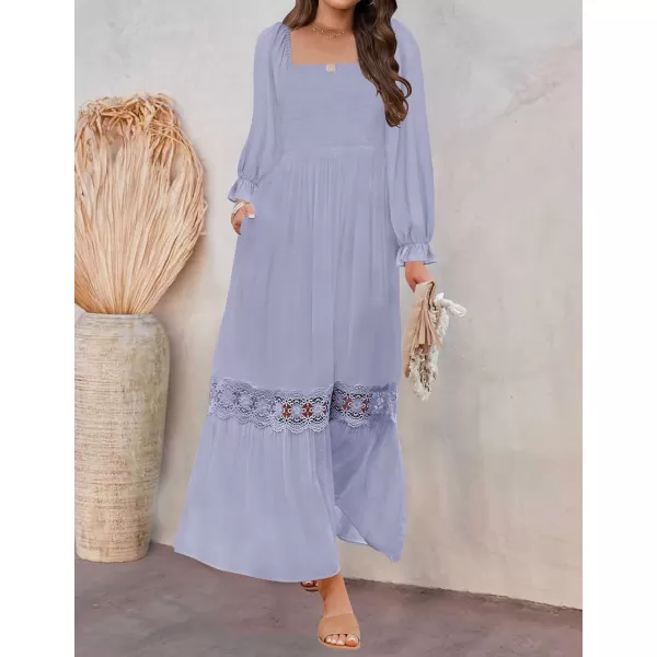 ZESICA Womens 2024 Boho Long Sleeve Square Neck Smocked High Waist Flowy A Line Lace Trim Maxi DressDusty Taro
