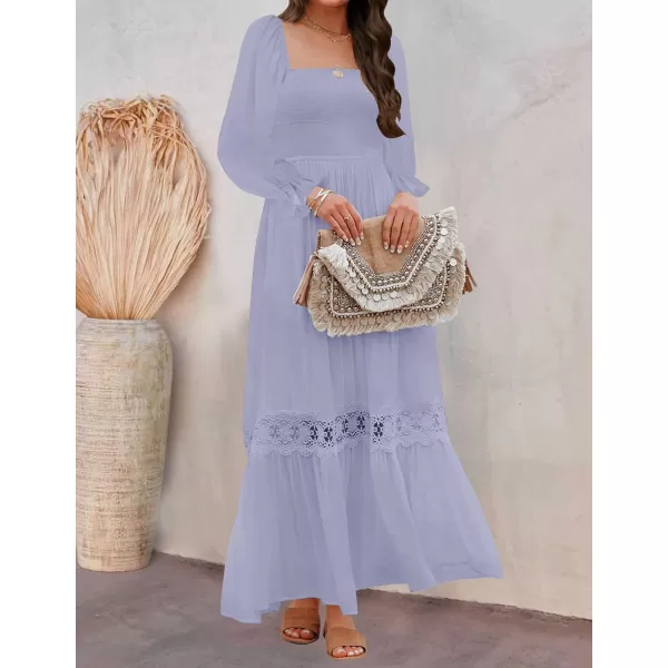 ZESICA Womens 2024 Boho Long Sleeve Square Neck Smocked High Waist Flowy A Line Lace Trim Maxi DressDusty Taro