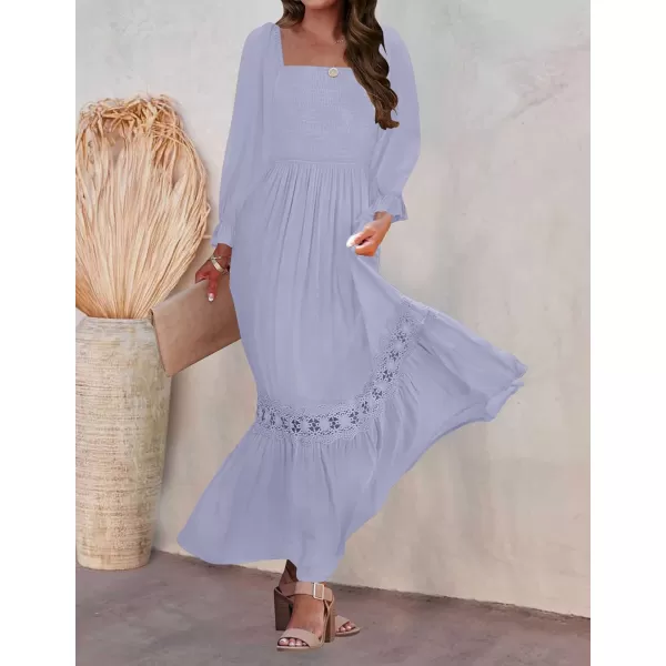 ZESICA Womens 2024 Boho Long Sleeve Square Neck Smocked High Waist Flowy A Line Lace Trim Maxi DressDusty Taro