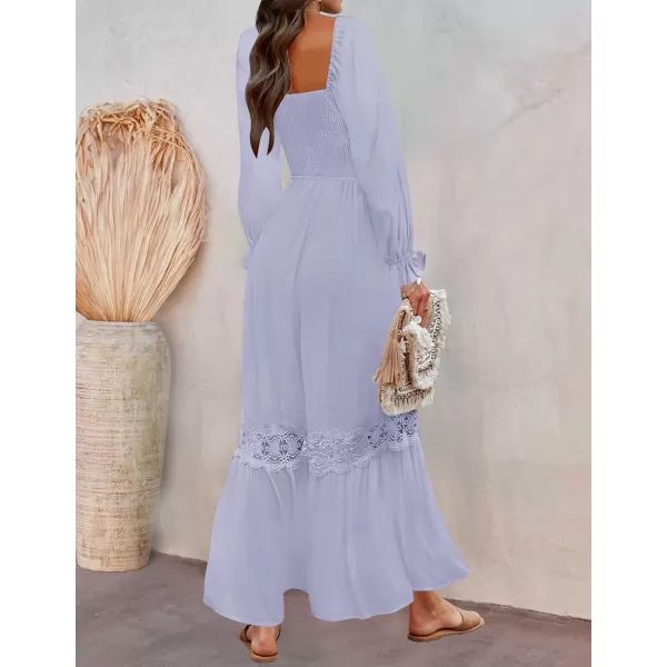 ZESICA Womens 2024 Boho Long Sleeve Square Neck Smocked High Waist Flowy A Line Lace Trim Maxi DressDusty Taro