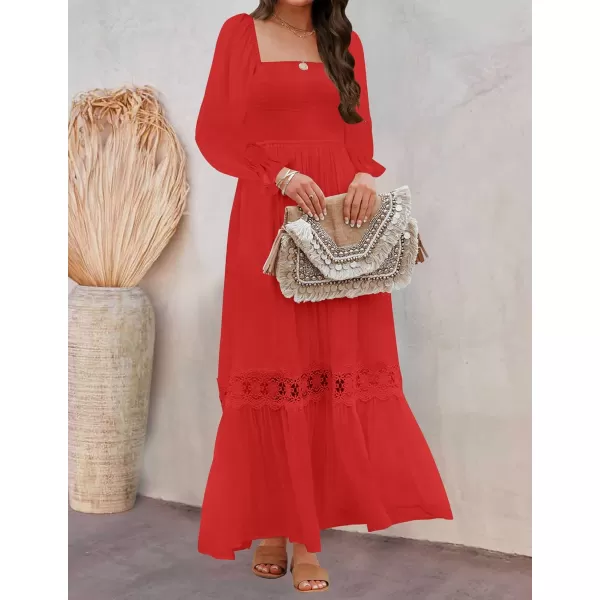 ZESICA Womens 2024 Boho Long Sleeve Square Neck Smocked High Waist Flowy A Line Lace Trim Maxi DressFire Red
