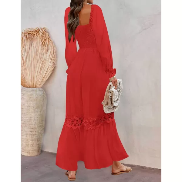 ZESICA Womens 2024 Boho Long Sleeve Square Neck Smocked High Waist Flowy A Line Lace Trim Maxi DressFire Red