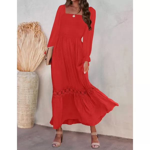 ZESICA Womens 2024 Boho Long Sleeve Square Neck Smocked High Waist Flowy A Line Lace Trim Maxi DressFire Red