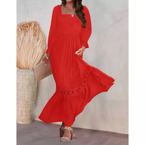 ZESICA Womens 2024 Boho Long Sleeve Square Neck Smocked High Waist Flowy A Line Lace Trim Maxi DressFire Red