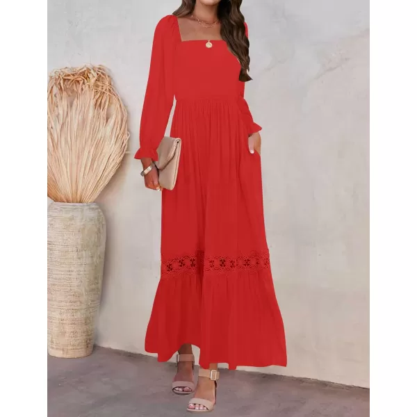 ZESICA Womens 2024 Boho Long Sleeve Square Neck Smocked High Waist Flowy A Line Lace Trim Maxi DressFire Red