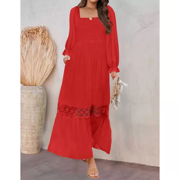 ZESICA Womens 2024 Boho Long Sleeve Square Neck Smocked High Waist Flowy A Line Lace Trim Maxi DressFire Red