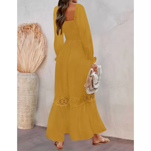 ZESICA Womens 2024 Boho Long Sleeve Square Neck Smocked High Waist Flowy A Line Lace Trim Maxi DressGinger