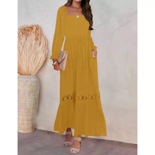 ZESICA Womens 2024 Boho Long Sleeve Square Neck Smocked High Waist Flowy A Line Lace Trim Maxi DressGinger