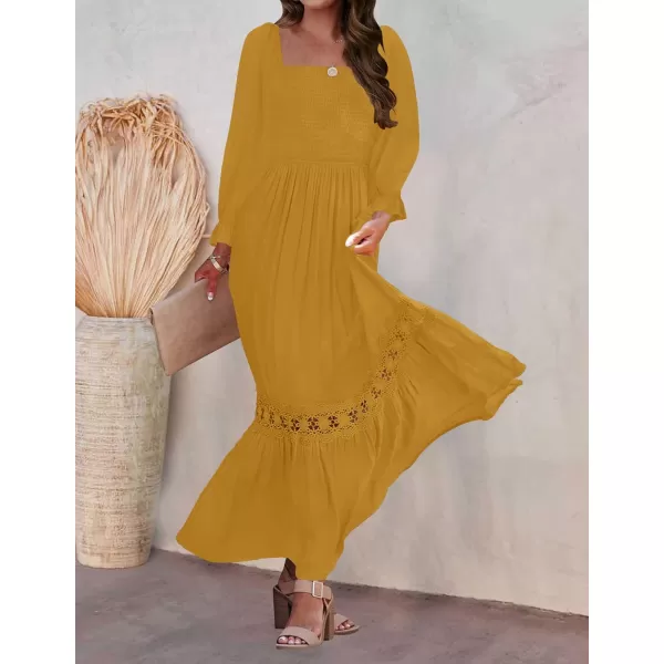 ZESICA Womens 2024 Boho Long Sleeve Square Neck Smocked High Waist Flowy A Line Lace Trim Maxi DressGinger