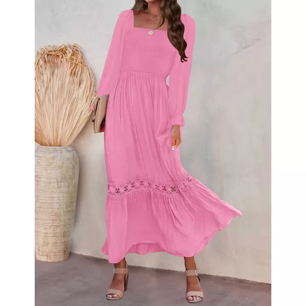 ZESICA Womens 2024 Boho Long Sleeve Square Neck Smocked High Waist Flowy A Line Lace Trim Maxi DressHot Pink