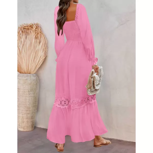 ZESICA Womens 2024 Boho Long Sleeve Square Neck Smocked High Waist Flowy A Line Lace Trim Maxi DressHot Pink