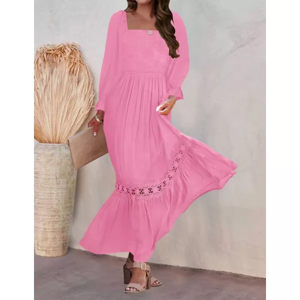 ZESICA Womens 2024 Boho Long Sleeve Square Neck Smocked High Waist Flowy A Line Lace Trim Maxi DressHot Pink