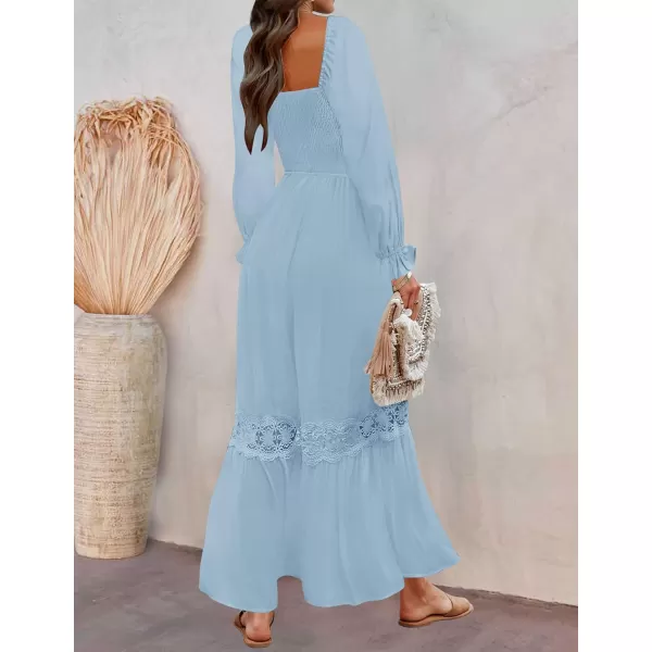 ZESICA Womens 2024 Boho Long Sleeve Square Neck Smocked High Waist Flowy A Line Lace Trim Maxi DressLight Blue